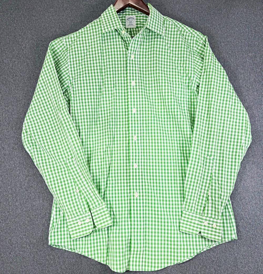 Brooks Brothers 346 Mens 15.5 34/35 Green Gingham Slim Fit Non Iron Shirt